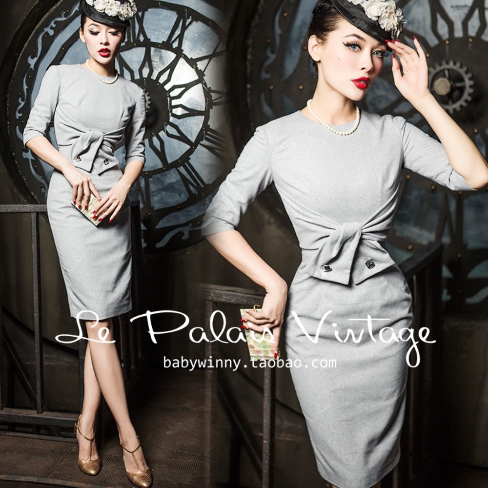 Le Palais Vintage Elegant Gray Bow Sheath Dress